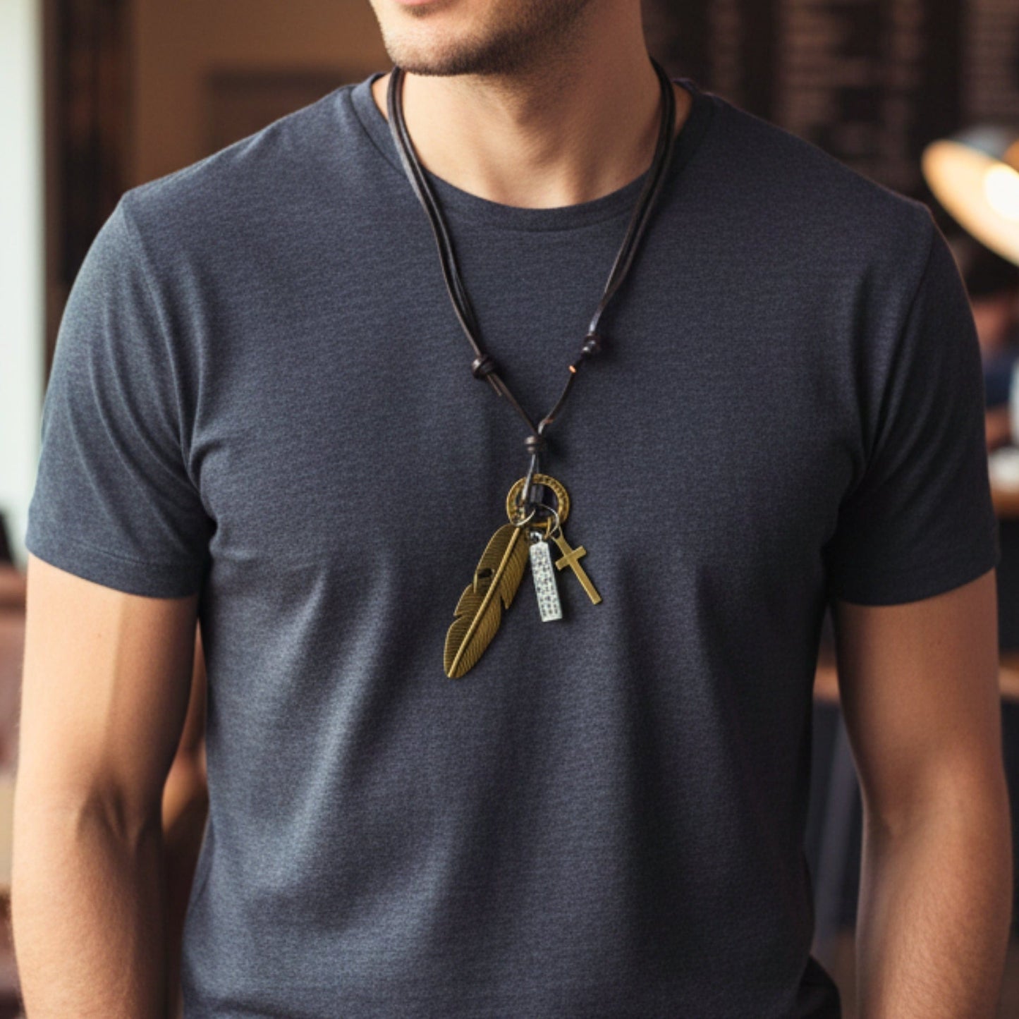 THE MEN THING Leather Necklace GOLDEN FEATHER OF FAITH – 2-Inch Pure Stainless Steel Pendant with Adjustable Leather Rope for Men & Boys