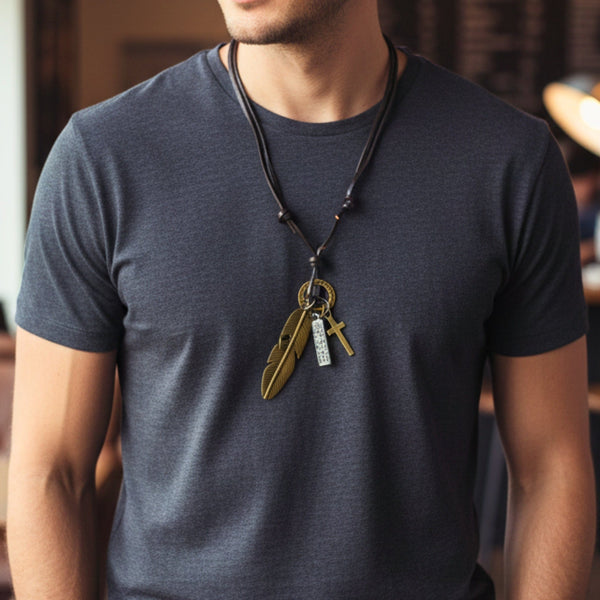 GOLDEN FEATHER OF FAITH – 2-Inch Pure Stainless Steel Pendant with Adjustable Leather Rope for Men & Boys