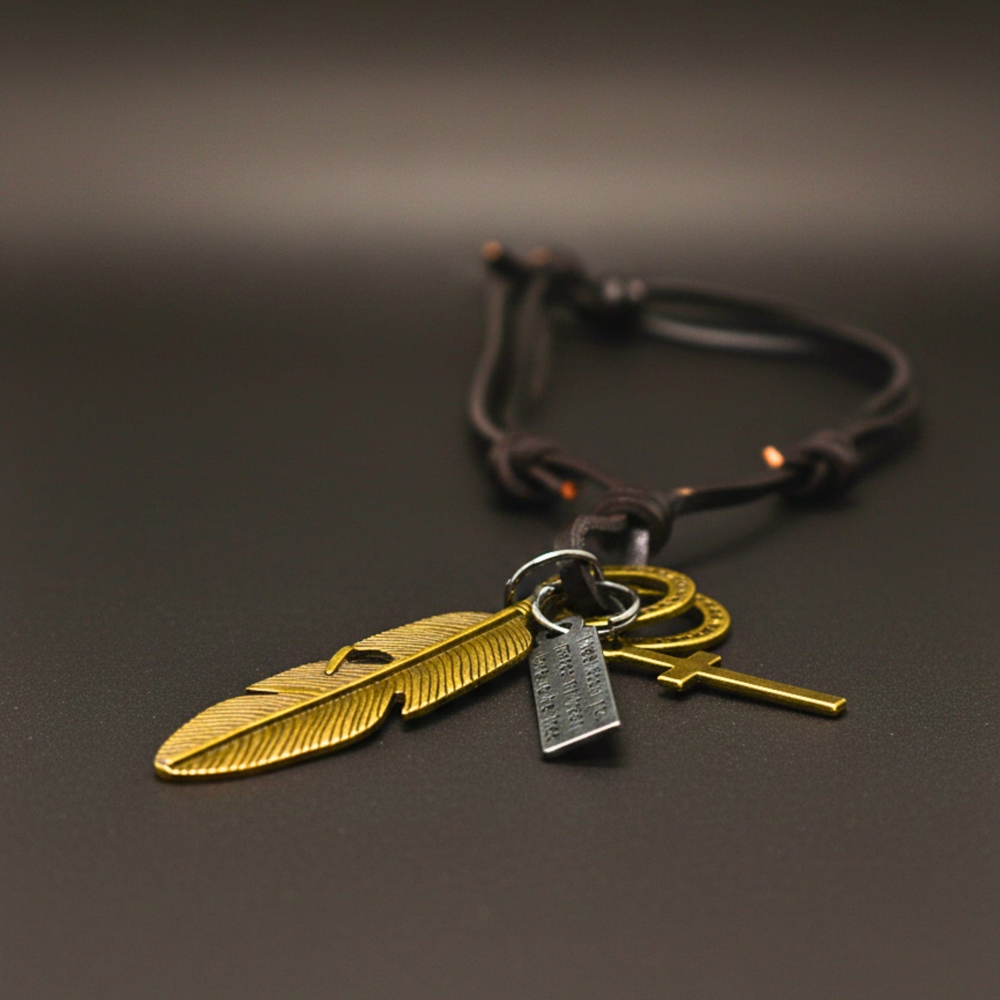 THE MEN THING Leather Necklace GOLDEN FEATHER OF FAITH – 2-Inch Pure Stainless Steel Pendant with Adjustable Leather Rope for Men & Boys