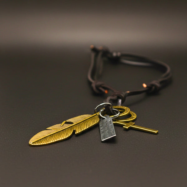 GOLDEN FEATHER OF FAITH – 2-Inch Pure Stainless Steel Pendant with Adjustable Leather Rope for Men & Boys