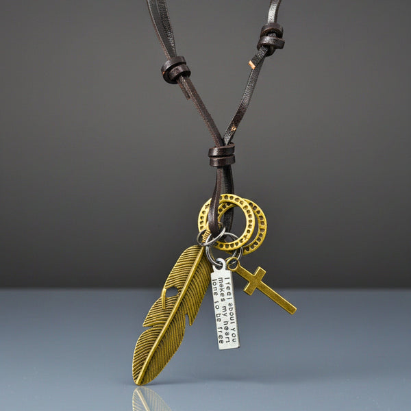 GOLDEN FEATHER OF FAITH – 2-Inch Pure Stainless Steel Pendant with Adjustable Leather Rope for Men & Boys