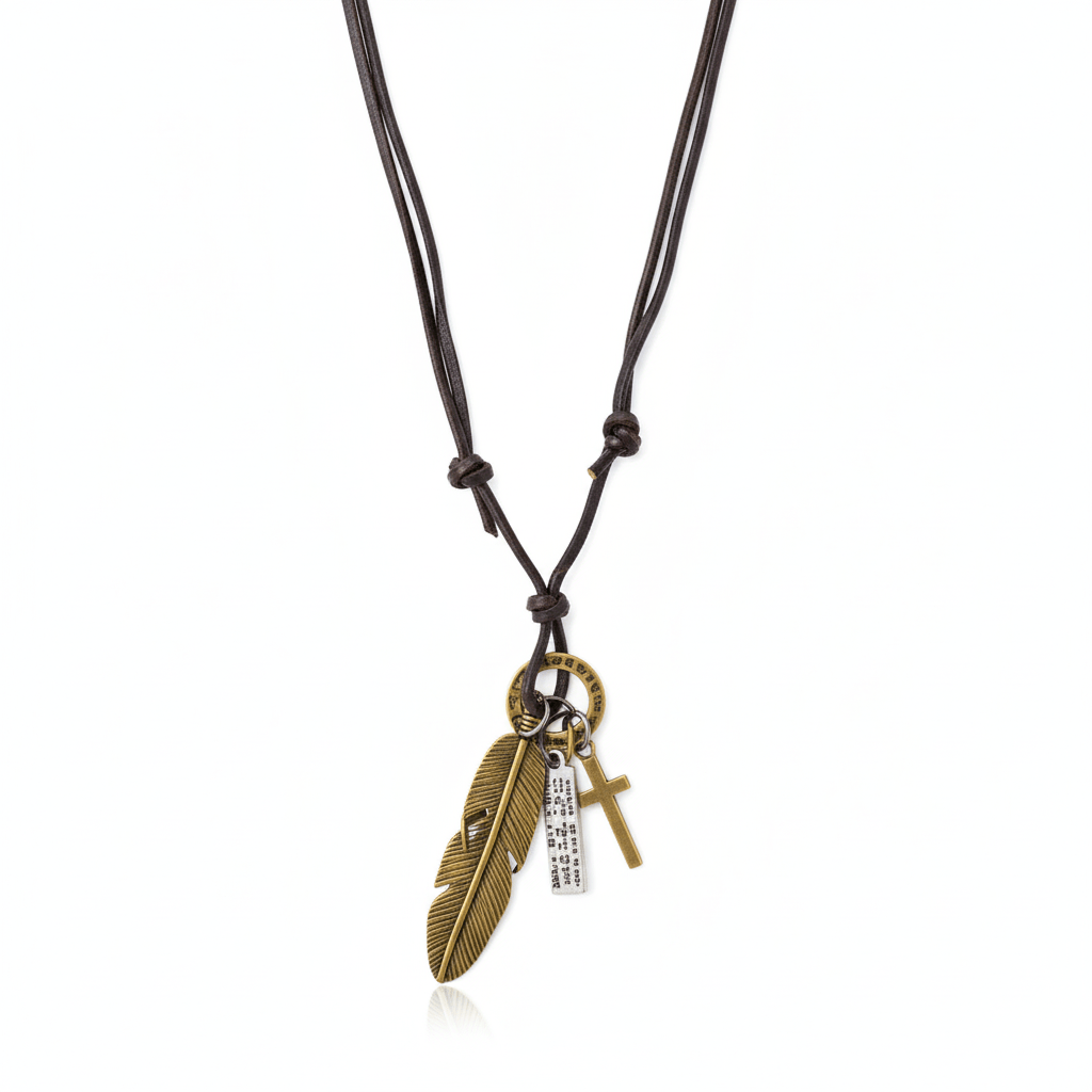 THE MEN THING Leather Necklace GOLDEN FEATHER OF FAITH – 2-Inch Pure Stainless Steel Pendant with Adjustable Leather Rope for Men & Boys