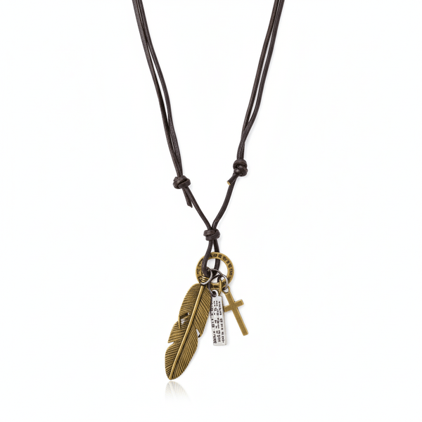 GOLDEN FEATHER OF FAITH – 2-Inch Pure Stainless Steel Pendant with Adjustable Leather Rope for Men & Boys