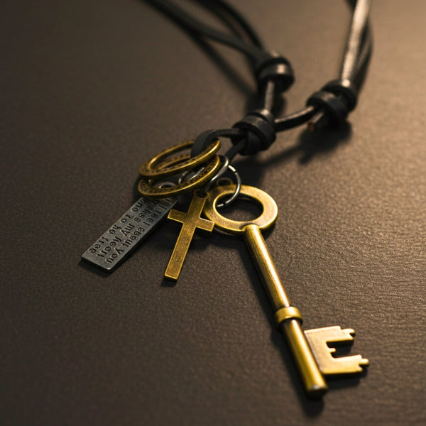 GOLDEN KEY OF FAITH – 2.5-Inch Pure Stainless Steel Pendant with Adjustable Leather Rope for Men & Boys