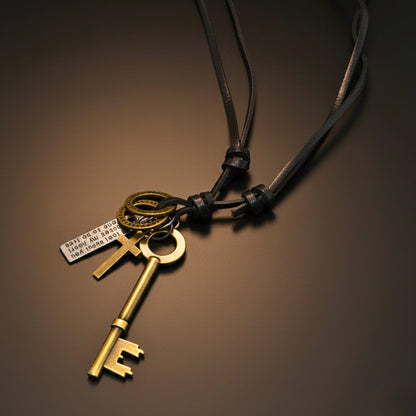 THE MEN THING Leather Necklace GOLDEN KEY OF FAITH – 2.5-Inch Pure Stainless Steel Pendant with Adjustable Leather Rope for Men & Boys
