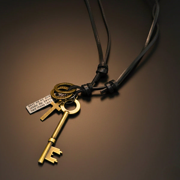 GOLDEN KEY OF FAITH – 2.5-Inch Pure Stainless Steel Pendant with Adjustable Leather Rope for Men & Boys