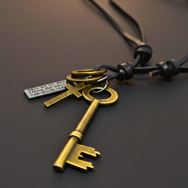 GOLDEN KEY OF FAITH – 2.5-Inch Pure Stainless Steel Pendant with Adjustable Leather Rope for Men & Boys