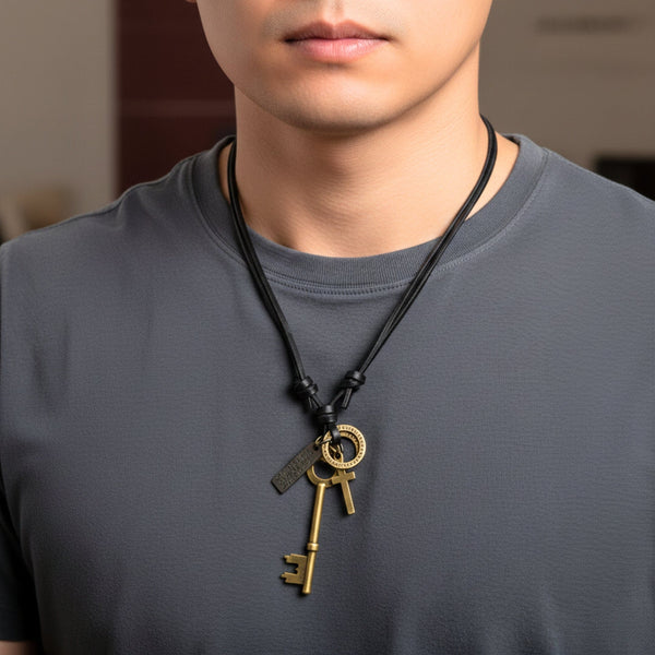 GOLDEN KEY OF FAITH – 2.5-Inch Pure Stainless Steel Pendant with Adjustable Leather Rope for Men & Boys