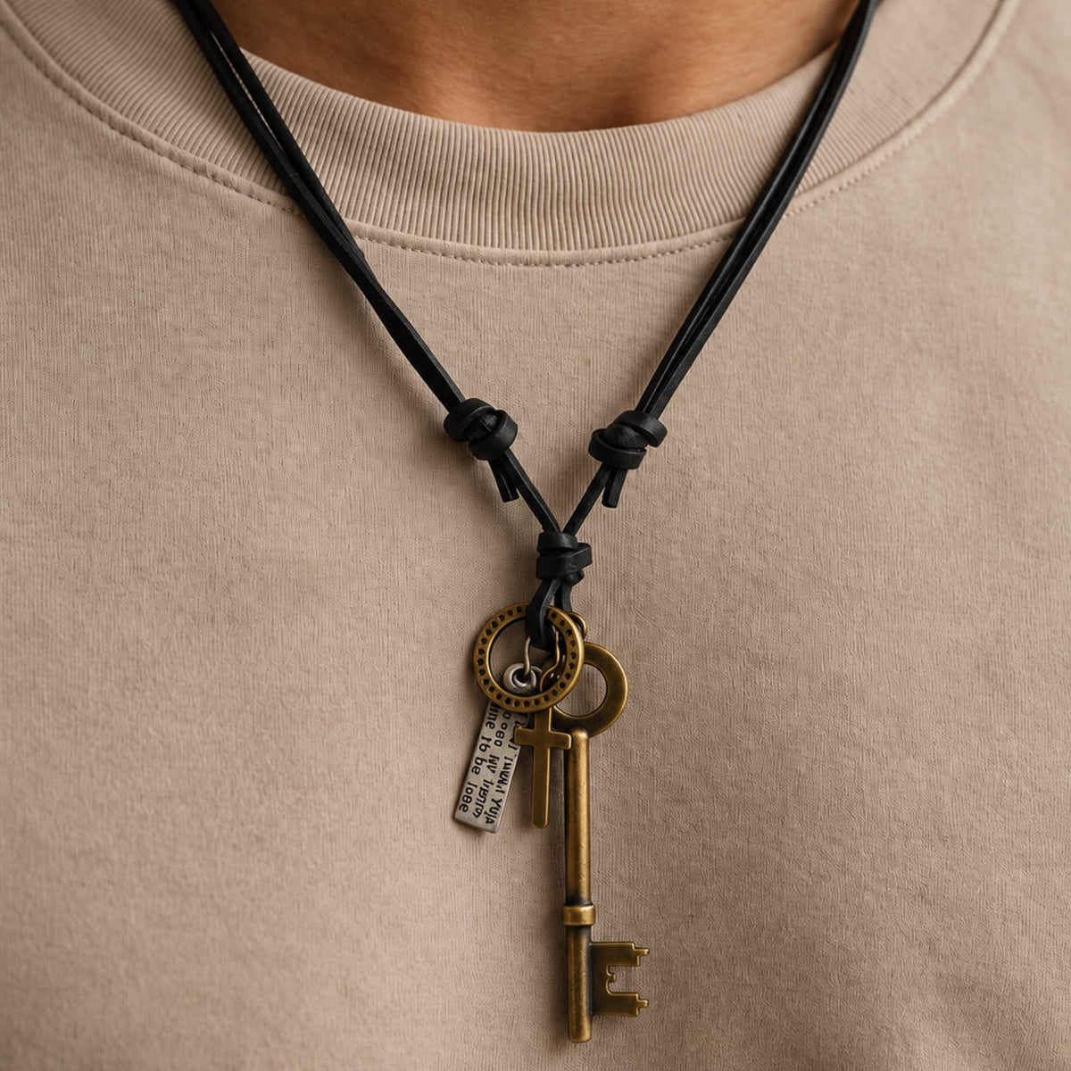 THE MEN THING Leather Necklace GOLDEN KEY OF FAITH – 2.5-Inch Pure Stainless Steel Pendant with Adjustable Leather Rope for Men & Boys