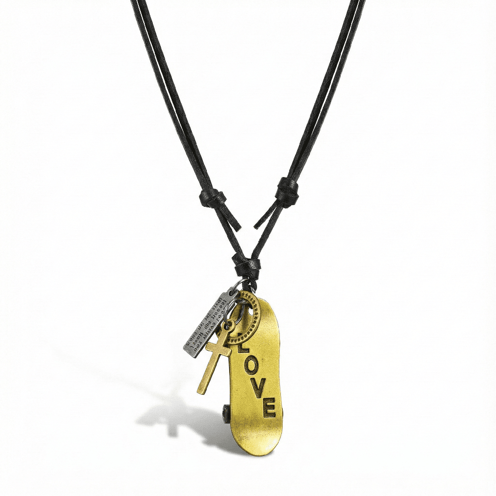 THE MEN THING Leather Necklace GOLDEN SKATE LOVE – 2-Inch Pure Stainless Steel Pendant with Adjustable Leather Rope for Men & Boys