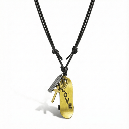 THE MEN THING Leather Necklace GOLDEN SKATE LOVE – 2-Inch Pure Stainless Steel Pendant with Adjustable Leather Rope for Men & Boys