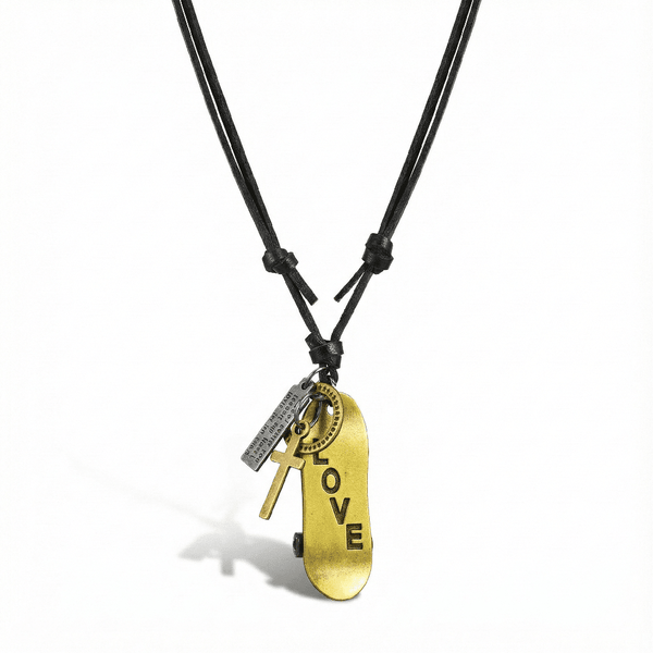 GOLDEN SKATE LOVE – 2-Inch Pure Stainless Steel Pendant with Adjustable Leather Rope for Men & Boys
