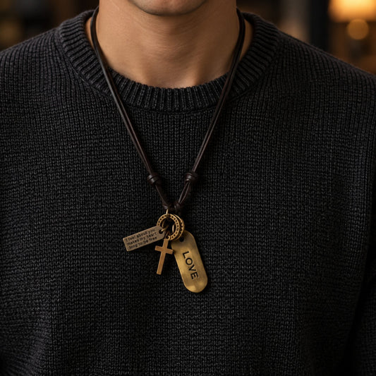THE MEN THING Leather Necklace GOLDEN SKATE LOVE – 2-Inch Pure Stainless Steel Pendant with Adjustable Leather Rope for Men & Boys