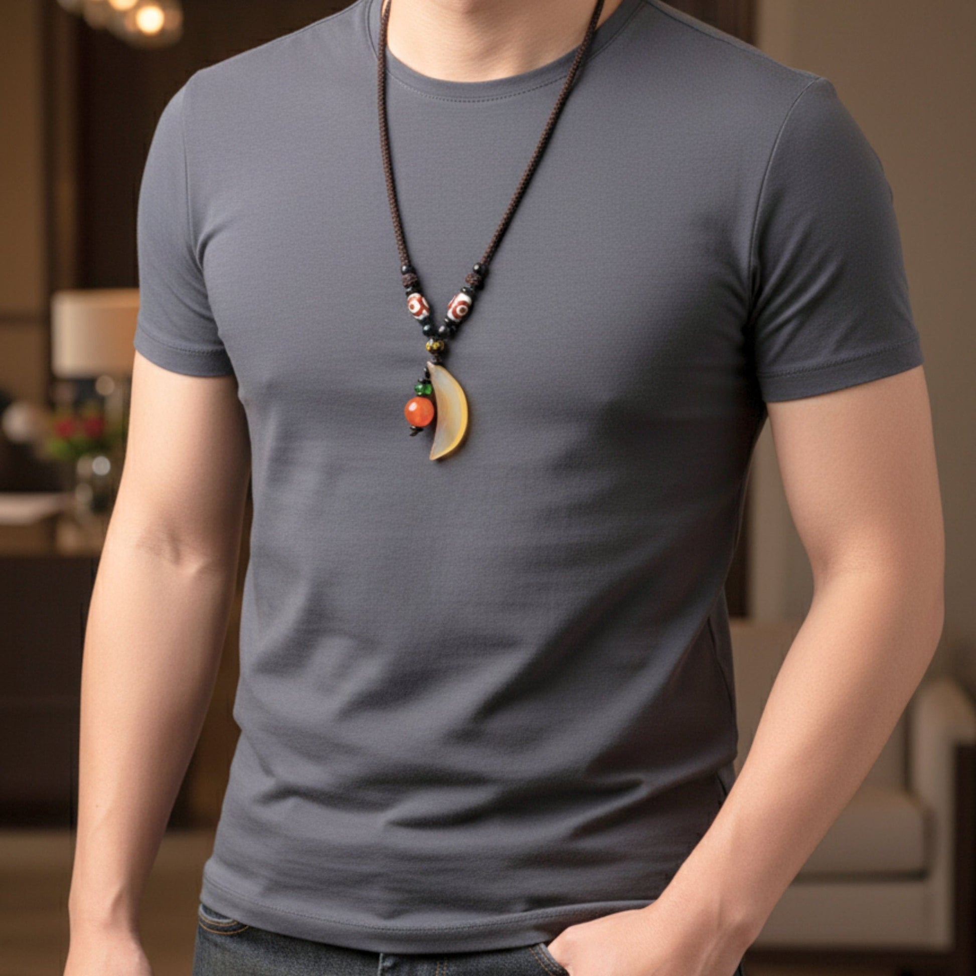 THE MEN THING Leather Necklace GUARDIAN FANG – 1.8-Inch Natural Crystal Pendant with  Adjustable Leather Rope for Men & Boys