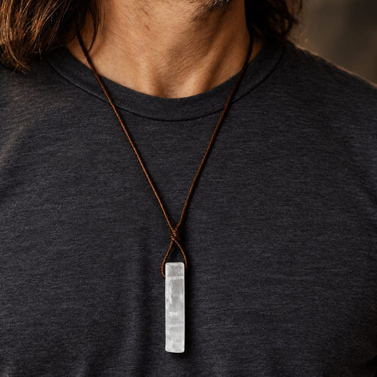 THE MEN THING Leather Necklace GYPSUM - Natural Crystal Unshaped Pendant with Adjustable Rope Chain for Men and Boys