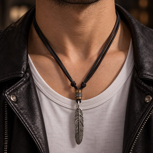 THE MEN THING Leather Necklace HAWK FEATHER - Titanium Steel Pendant with Adjustable Rope Chain for Men & Boys