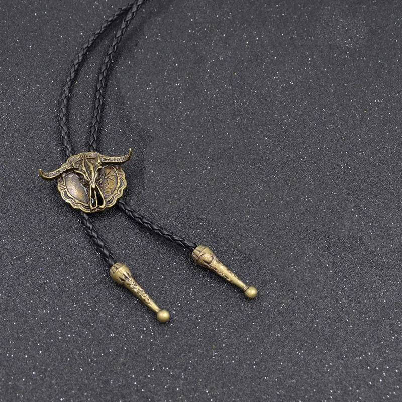 THE MEN THING Leather Necklace HORN VALOR - Retro Alloy Pendant Bolo Tie | Adjustable Genuine Leather Cowboy Necktie Necklace for Men & Boys
