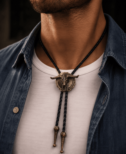 THE MEN THING Leather Necklace HORN VALOR - Retro Alloy Pendant Bolo Tie | Adjustable Genuine Leather Cowboy Necktie Necklace for Men & Boys