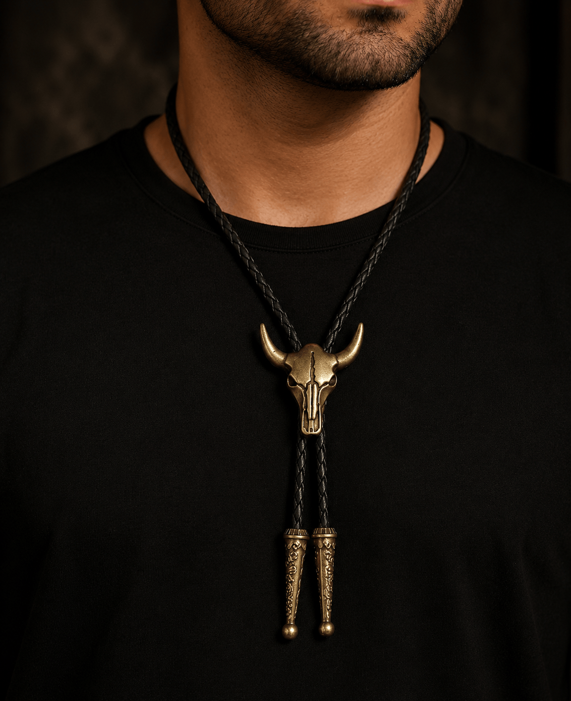 THE MEN THING Leather Necklace HORNET - Retro Alloy Pendant Bolo Tie | Adjustable Genuine Leather Cowboy Necktie Necklace for Men & Boys