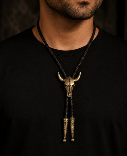 THE MEN THING Leather Necklace HORNET - Retro Alloy Pendant Bolo Tie | Adjustable Genuine Leather Cowboy Necktie Necklace for Men & Boys