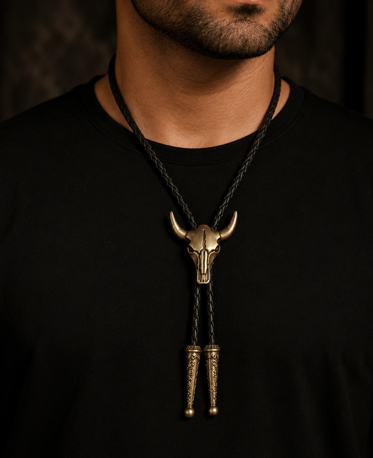 THE MEN THING Leather Necklace HORNET - Retro Alloy Pendant Bolo Tie | Adjustable Genuine Leather Cowboy Necktie Necklace for Men & Boys