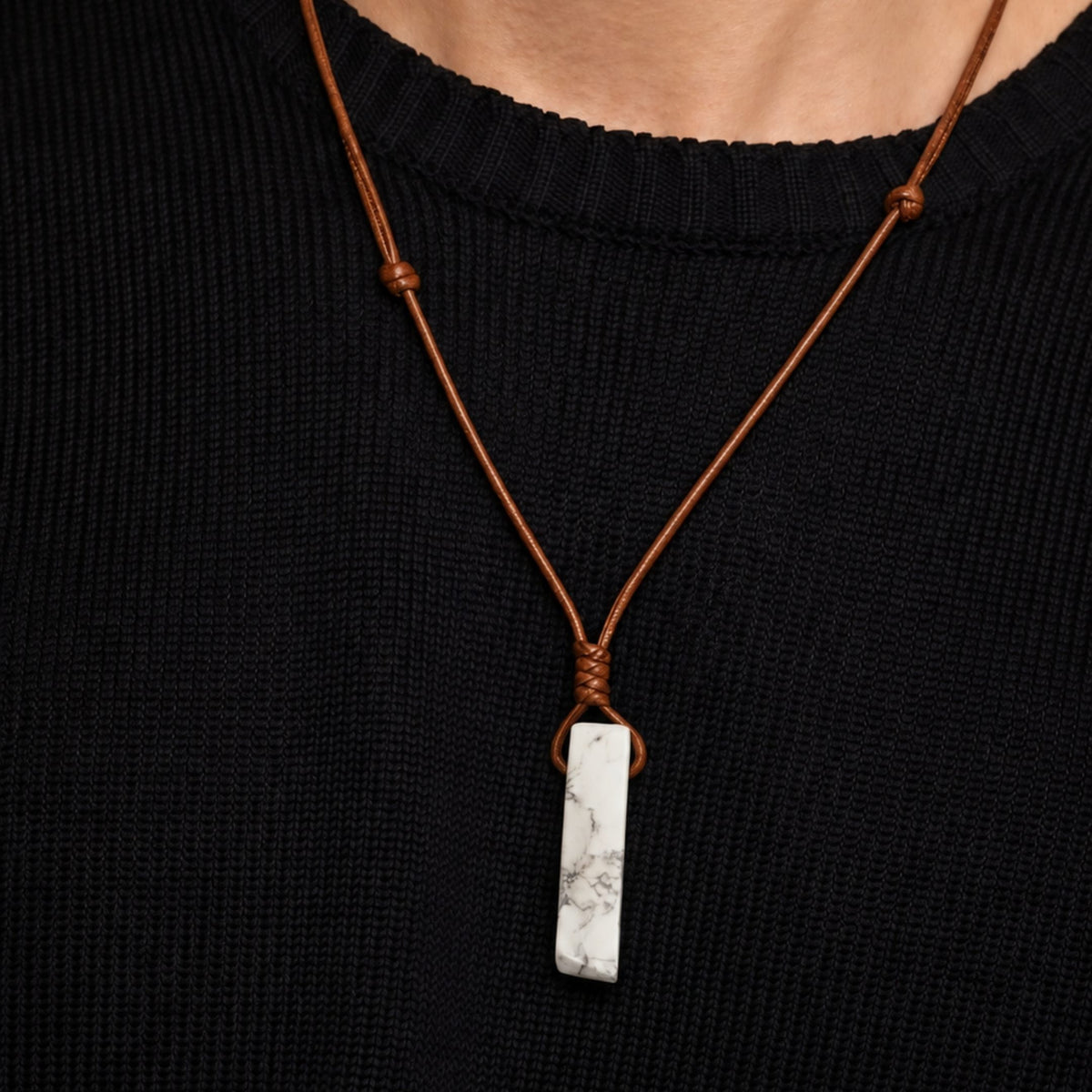 THE MEN THING Leather Necklace IVORY BAR - Natural Crystal Unshaped Pendant with Adjustable Rope Chain for Men and Boys