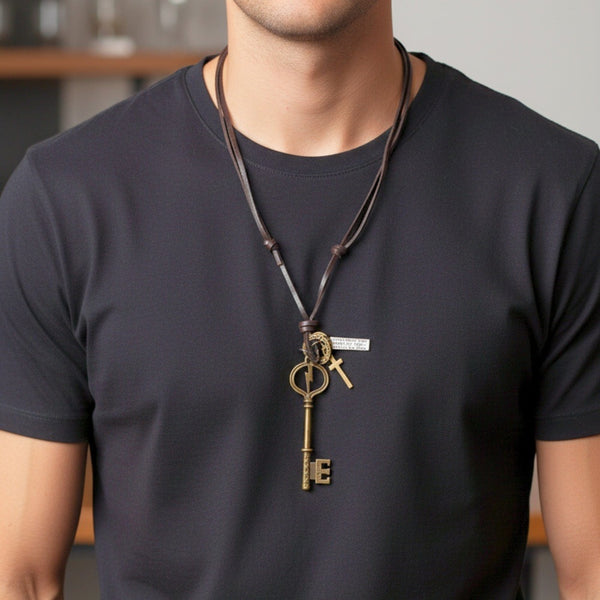 KEY OF VALOR – 3-Inch Pure Stainless Steel Pendant with Adjustable Leather Rope for Men & Boys