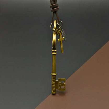 THE MEN THING Leather Necklace KEY OF VALOR – 3-Inch Pure Stainless Steel Pendant with Adjustable Leather Rope for Men & Boys