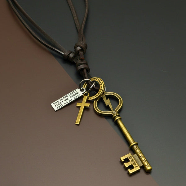 KEY OF VALOR – 3-Inch Pure Stainless Steel Pendant with Adjustable Leather Rope for Men & Boys