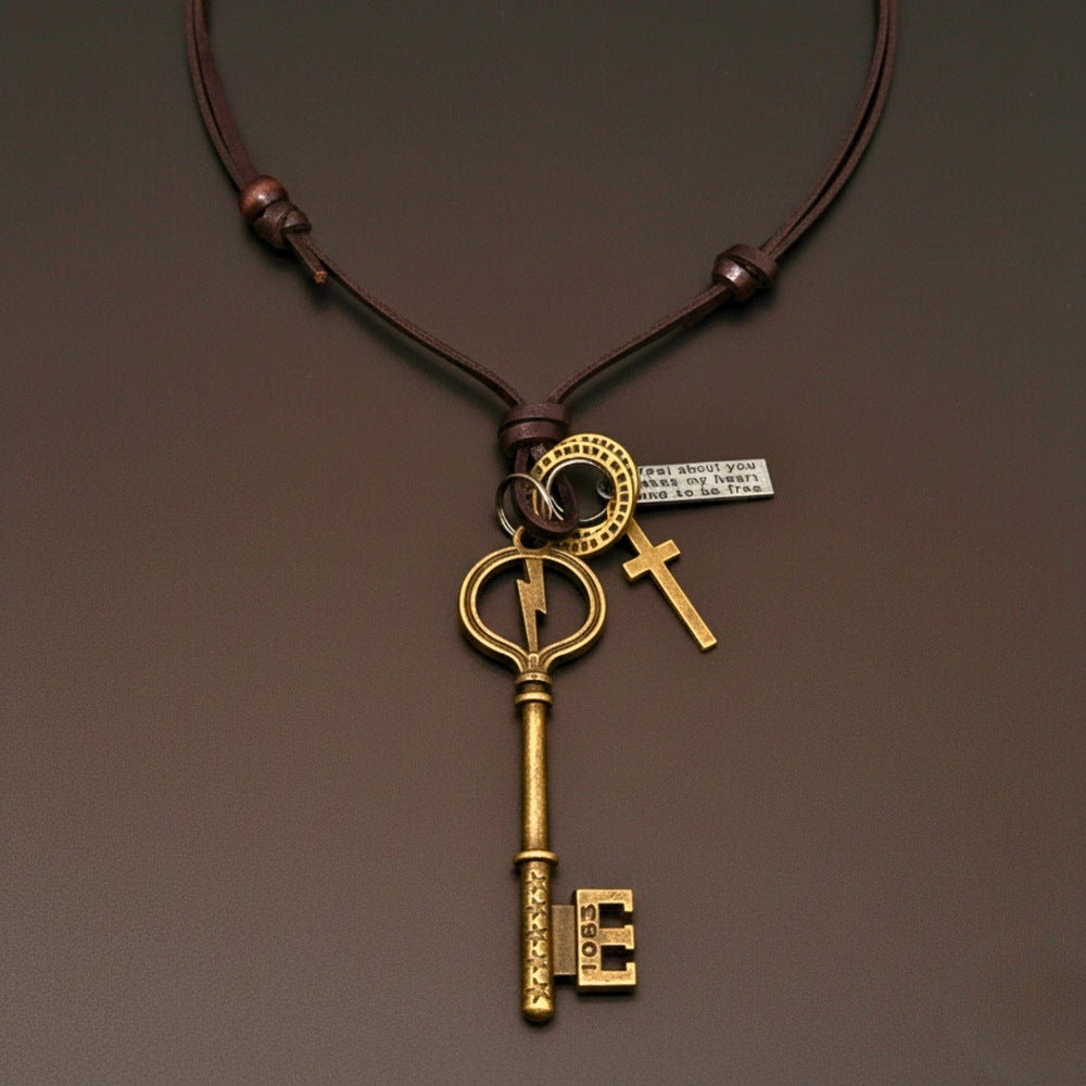 THE MEN THING Leather Necklace KEY OF VALOR – 3-Inch Pure Stainless Steel Pendant with Adjustable Leather Rope for Men & Boys