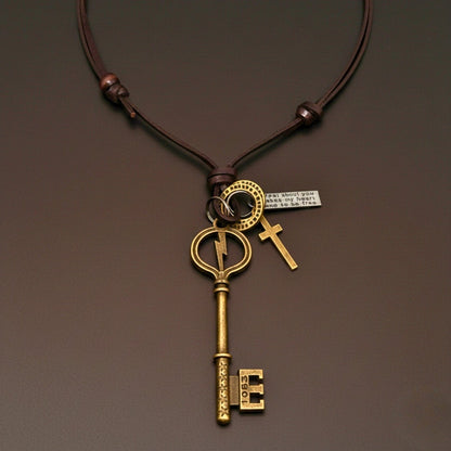 THE MEN THING Leather Necklace KEY OF VALOR – 3-Inch Pure Stainless Steel Pendant with Adjustable Leather Rope for Men & Boys