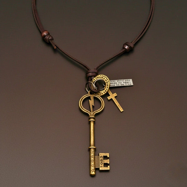 KEY OF VALOR – 3-Inch Pure Stainless Steel Pendant with Adjustable Leather Rope for Men & Boys