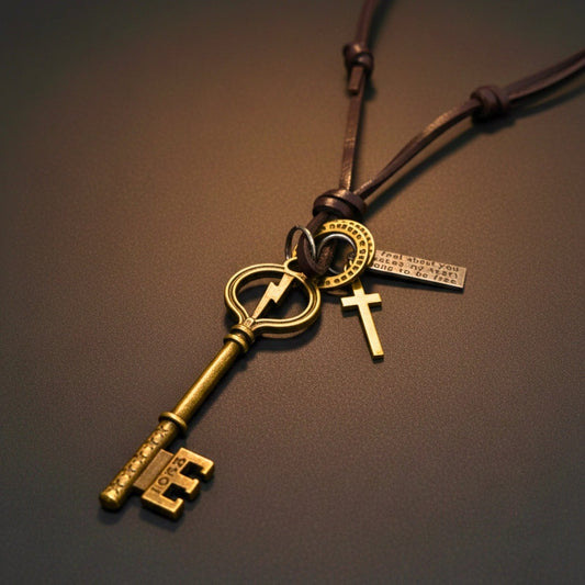 THE MEN THING Leather Necklace KEY OF VALOR – 3-Inch Pure Stainless Steel Pendant with Adjustable Leather Rope for Men & Boys