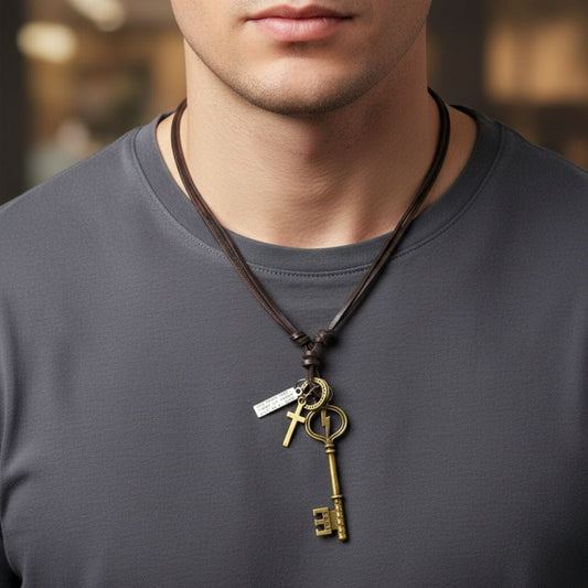 THE MEN THING Leather Necklace KEY OF VALOR – 3-Inch Pure Stainless Steel Pendant with Adjustable Leather Rope for Men & Boys