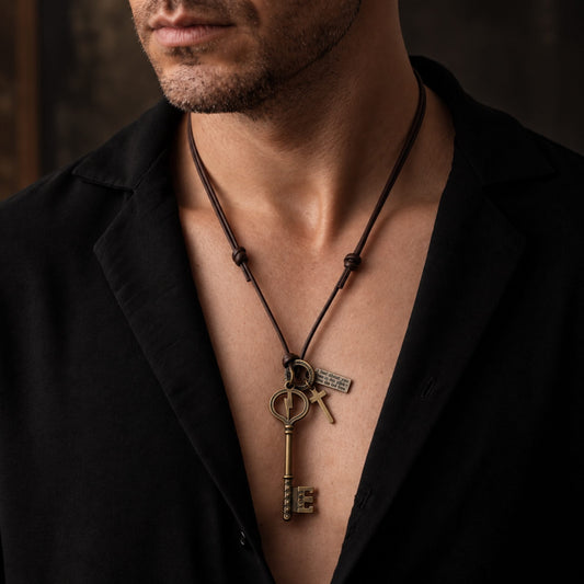 THE MEN THING Leather Necklace KEY OF VALOR – 3-Inch Pure Stainless Steel Pendant with Adjustable Leather Rope for Men & Boys