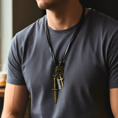 THE MEN THING Leather Necklace KNIGHT GOLDEN SWORD – 2.5-Inch Pure Stainless Steel Pendant with Adjustable Leather Rope for Men & Boys