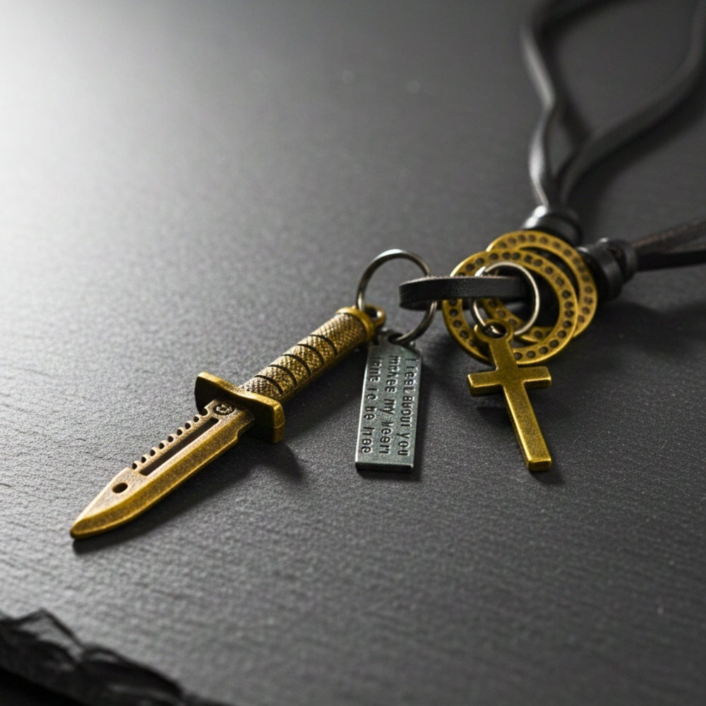 THE MEN THING Leather Necklace KNIGHT GOLDEN SWORD – 2.5-Inch Pure Stainless Steel Pendant with Adjustable Leather Rope for Men & Boys