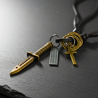 THE MEN THING Leather Necklace KNIGHT GOLDEN SWORD – 2.5-Inch Pure Stainless Steel Pendant with Adjustable Leather Rope for Men & Boys