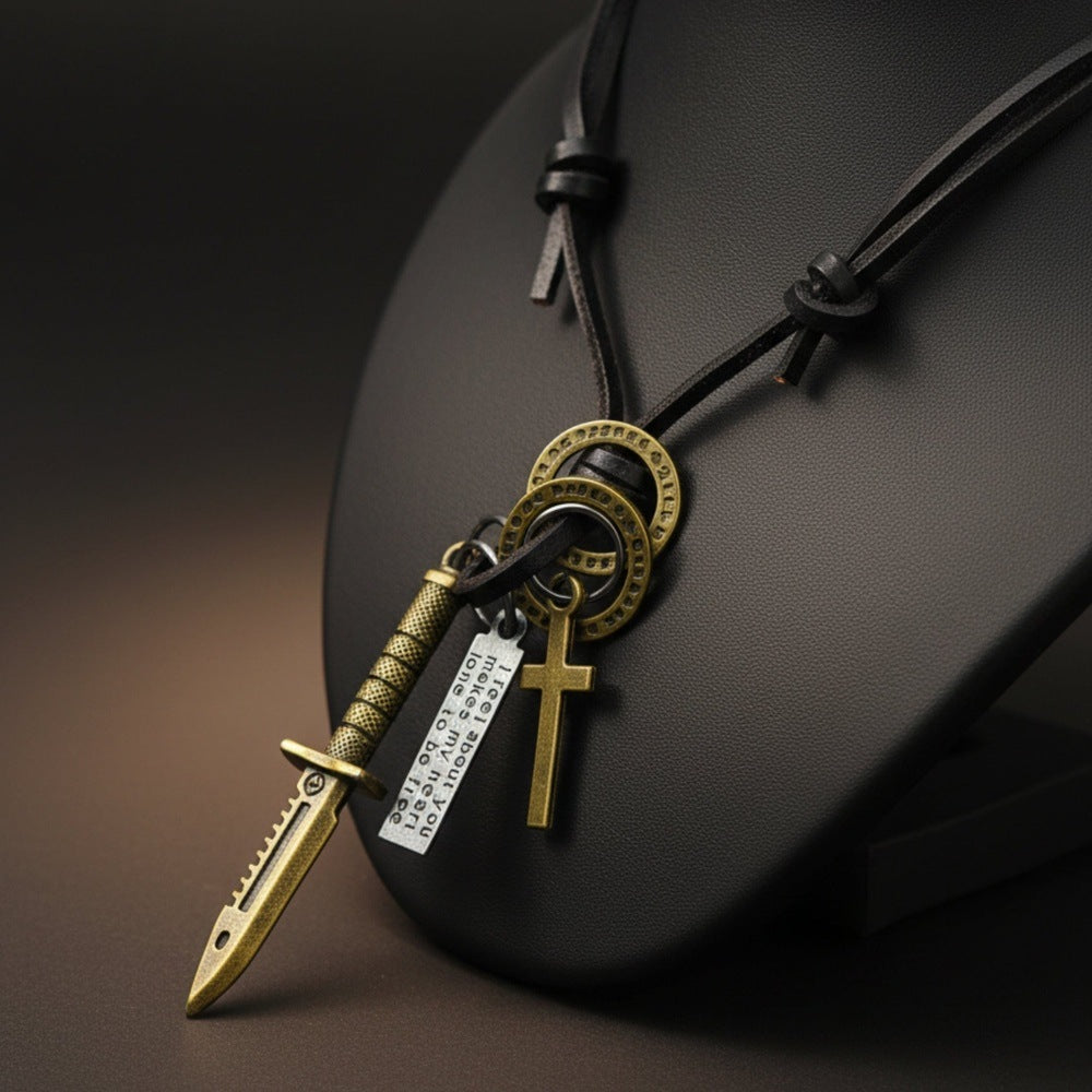 THE MEN THING Leather Necklace KNIGHT GOLDEN SWORD – 2.5-Inch Pure Stainless Steel Pendant with Adjustable Leather Rope for Men & Boys