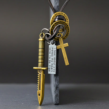 THE MEN THING Leather Necklace KNIGHT GOLDEN SWORD – 2.5-Inch Pure Stainless Steel Pendant with Adjustable Leather Rope for Men & Boys