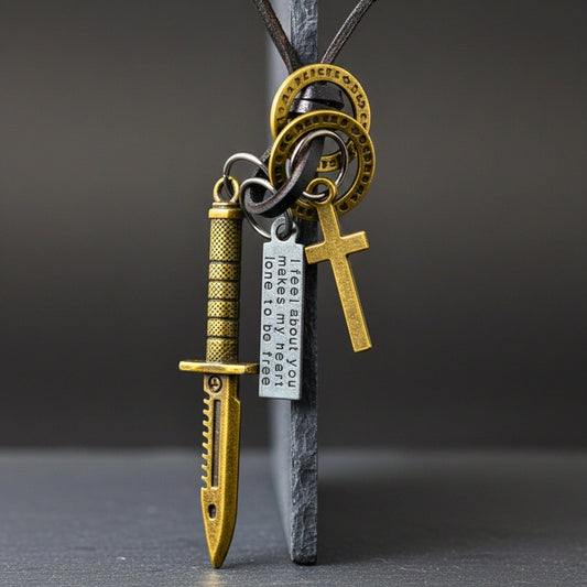 THE MEN THING Leather Necklace KNIGHT GOLDEN SWORD – 2.5-Inch Pure Stainless Steel Pendant with Adjustable Leather Rope for Men & Boys