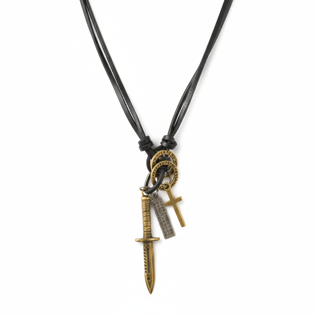 THE MEN THING Leather Necklace KNIGHT GOLDEN SWORD – 2.5-Inch Pure Stainless Steel Pendant with Adjustable Leather Rope for Men & Boys
