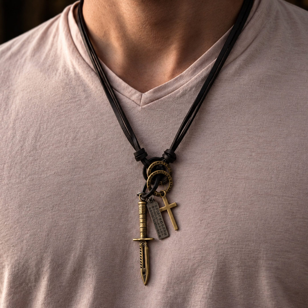 THE MEN THING Leather Necklace KNIGHT GOLDEN SWORD – 2.5-Inch Pure Stainless Steel Pendant with Adjustable Leather Rope for Men & Boys