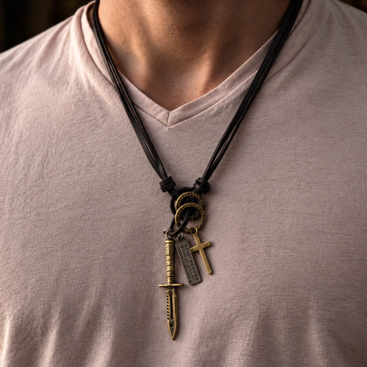 THE MEN THING Leather Necklace KNIGHT GOLDEN SWORD – 2.5-Inch Pure Stainless Steel Pendant with Adjustable Leather Rope for Men & Boys