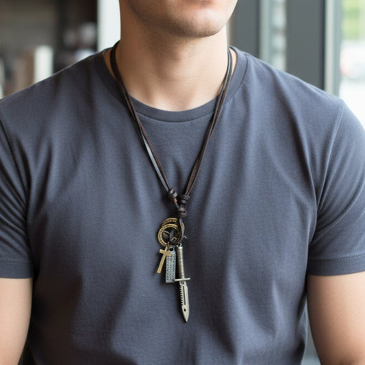 THE MEN THING Leather Necklace KNIGHT SILVER SWORD – 2.5-Inch Pure Stainless Steel Pendant with Adjustable Leather Rope for Men & Boys