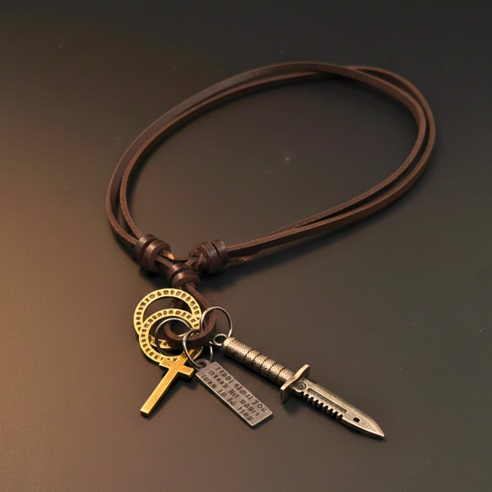 THE MEN THING Leather Necklace KNIGHT SILVER SWORD – 2.5-Inch Pure Stainless Steel Pendant with Adjustable Leather Rope for Men & Boys