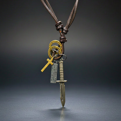 THE MEN THING Leather Necklace KNIGHT SILVER SWORD – 2.5-Inch Pure Stainless Steel Pendant with Adjustable Leather Rope for Men & Boys