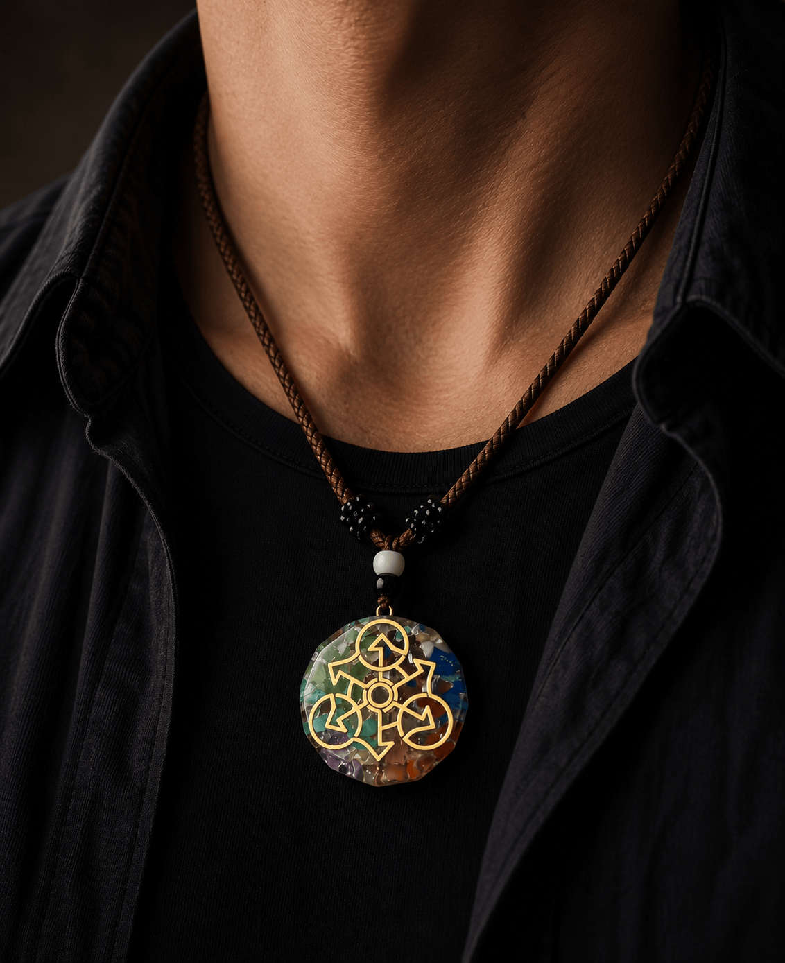 THE MEN THING Leather Necklace KNOT AURA - Natural Crystal necklace with 30 inch Adjustable Rope Chain for Men & Boys