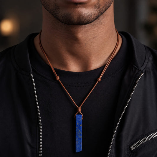 THE MEN THING Leather Necklace LAPIS LAZULI - Natural Crystal Unshaped Pendant with Adjustable Rope Chain for Men and Boys