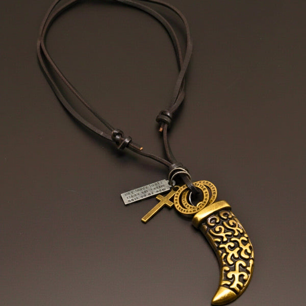 LEGION FANG - Brass Gold  – 2-Inch Pure Stainless Steel Pendant with Adjustable Leather Rope for Men & Boys